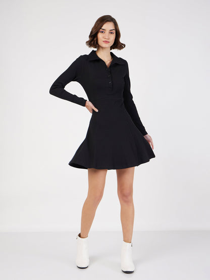 Women Black Rib Polo Neck Skater Dress