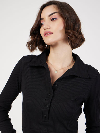 Women Black Rib Polo Neck Skater Dress