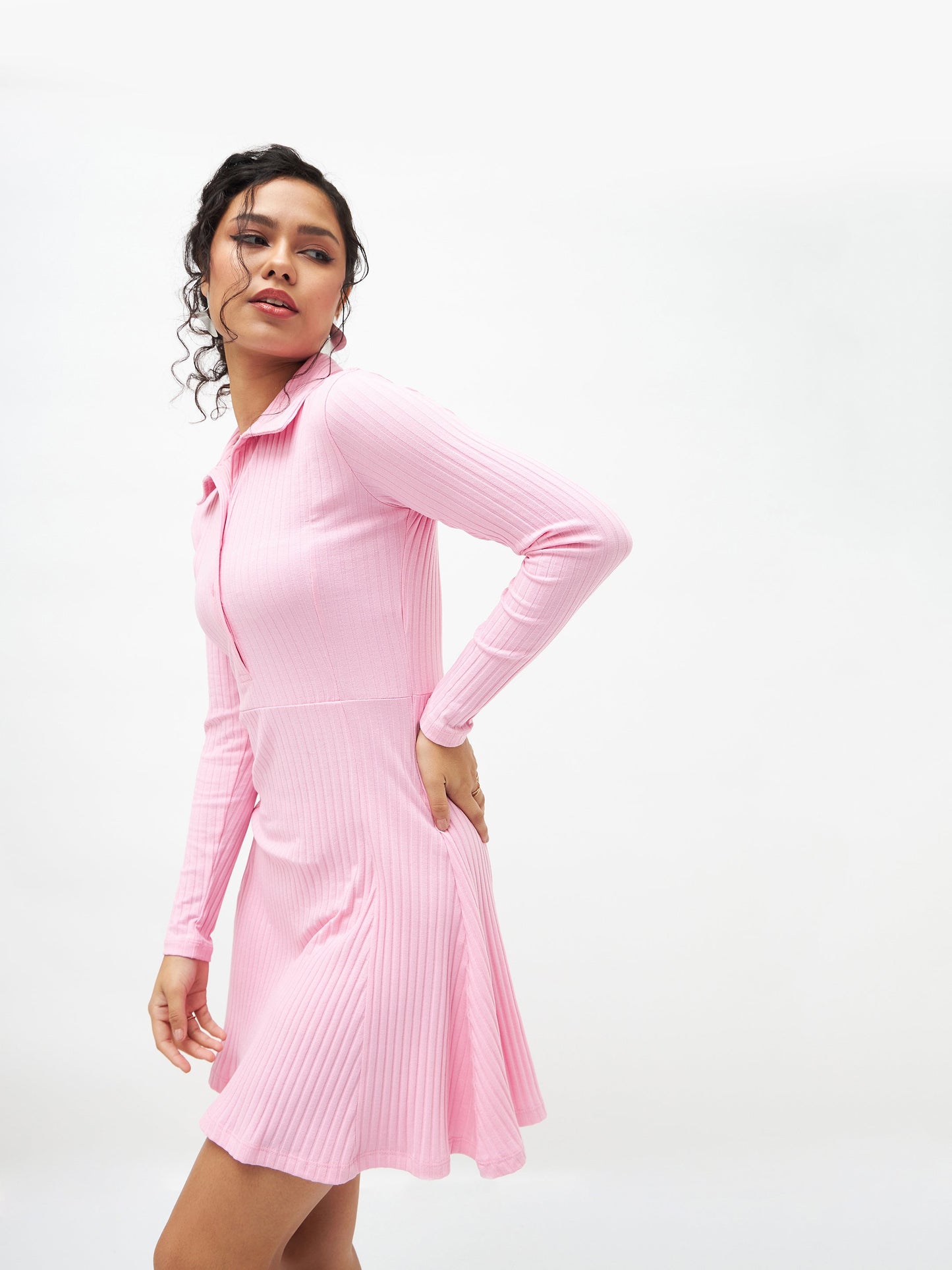 Pink Rib Polo Neck Skater Dress