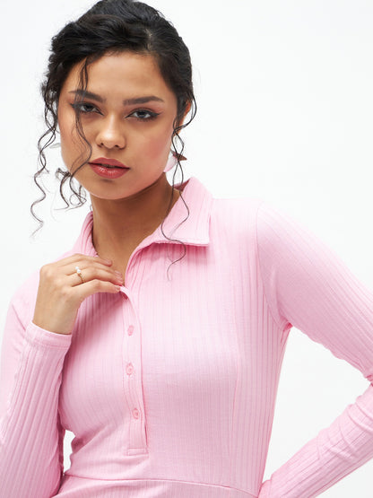 Pink Rib Polo Neck Skater Dress