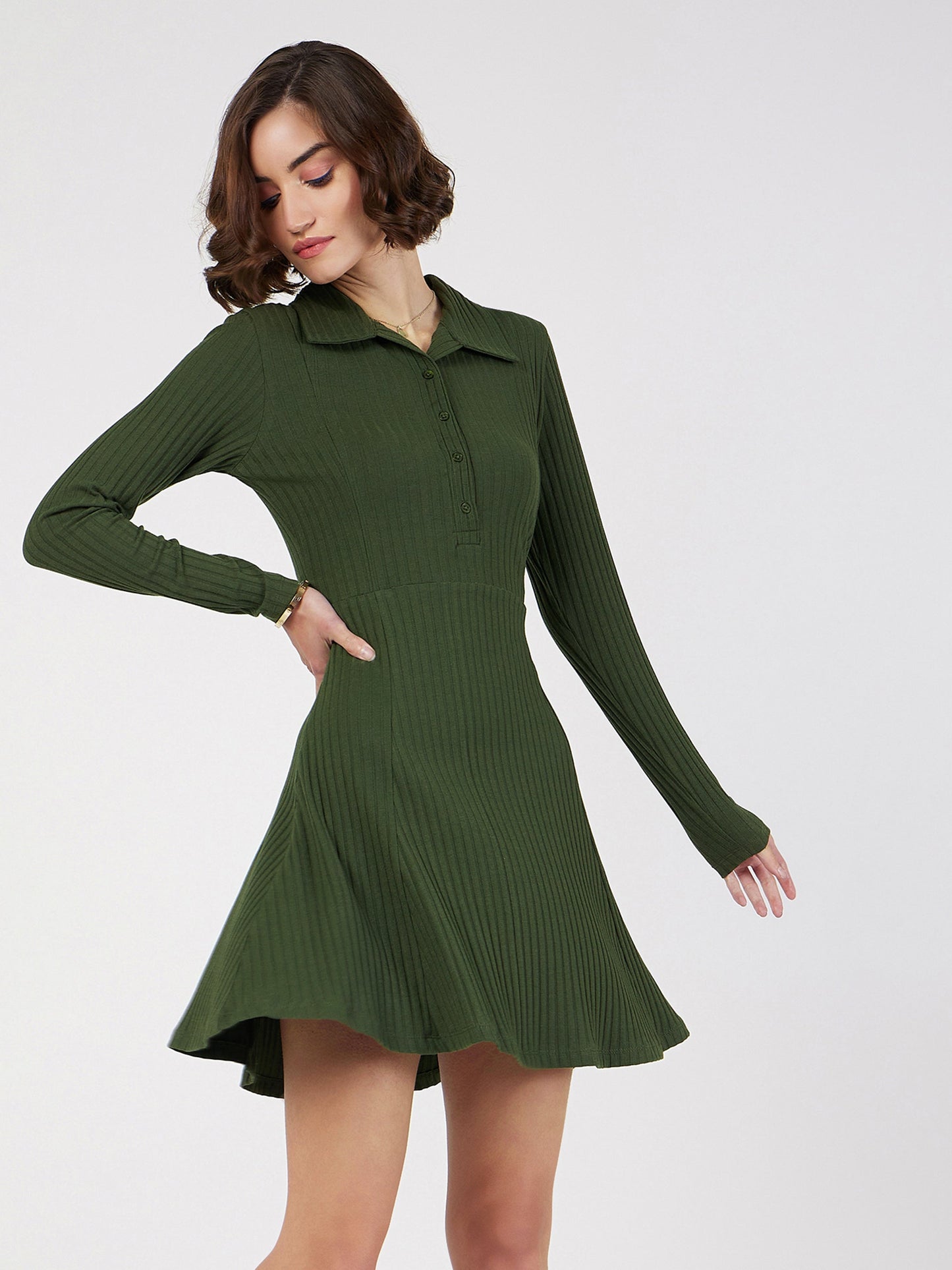 Olive Rib Polo Neck Skater Dress