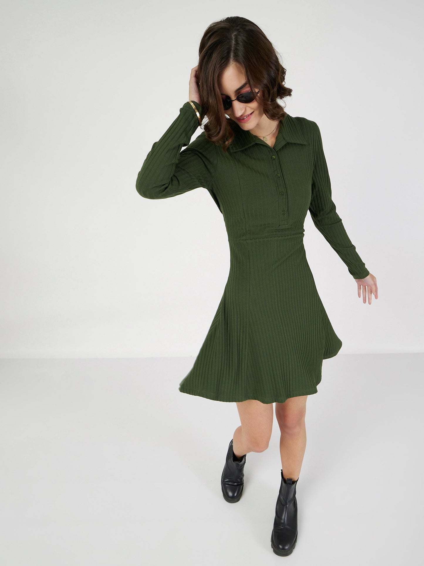 Olive Rib Polo Neck Skater Dress