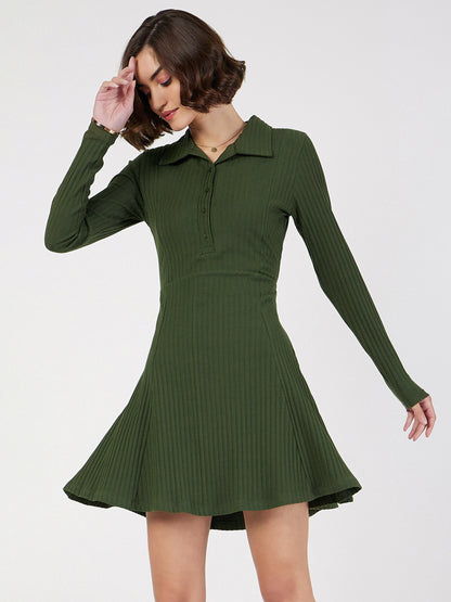 Olive Rib Polo Neck Skater Dress