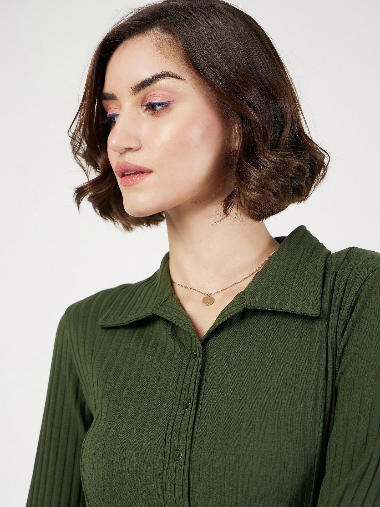 Olive Rib Polo Neck Skater Dress