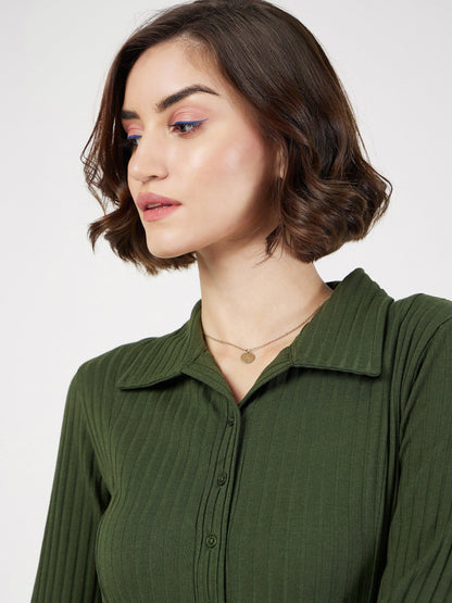 Olive Rib Polo Neck Skater Dress
