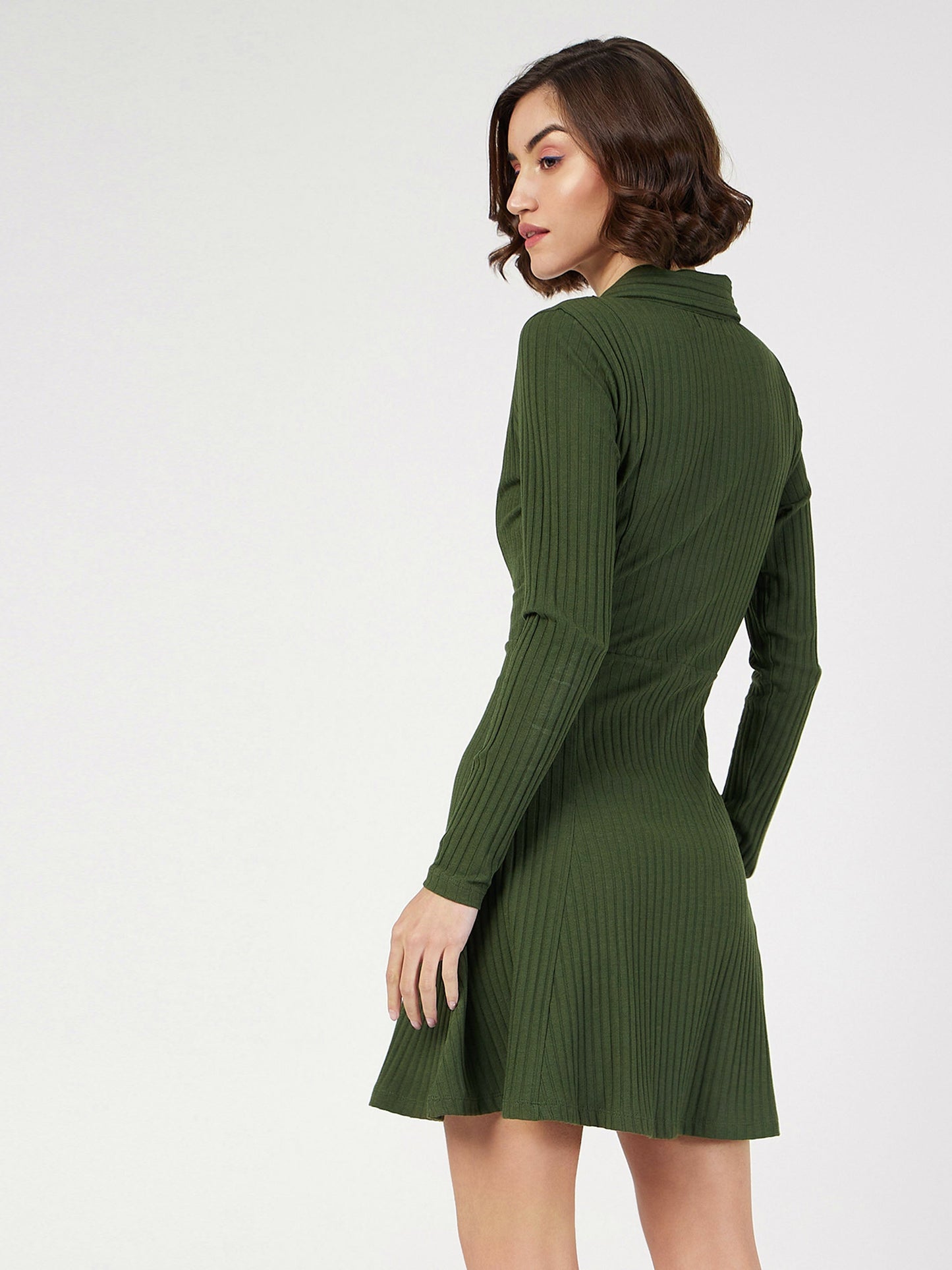 Olive Rib Polo Neck Skater Dress