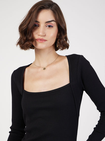 Women Black Rib Square Neck Short Dress