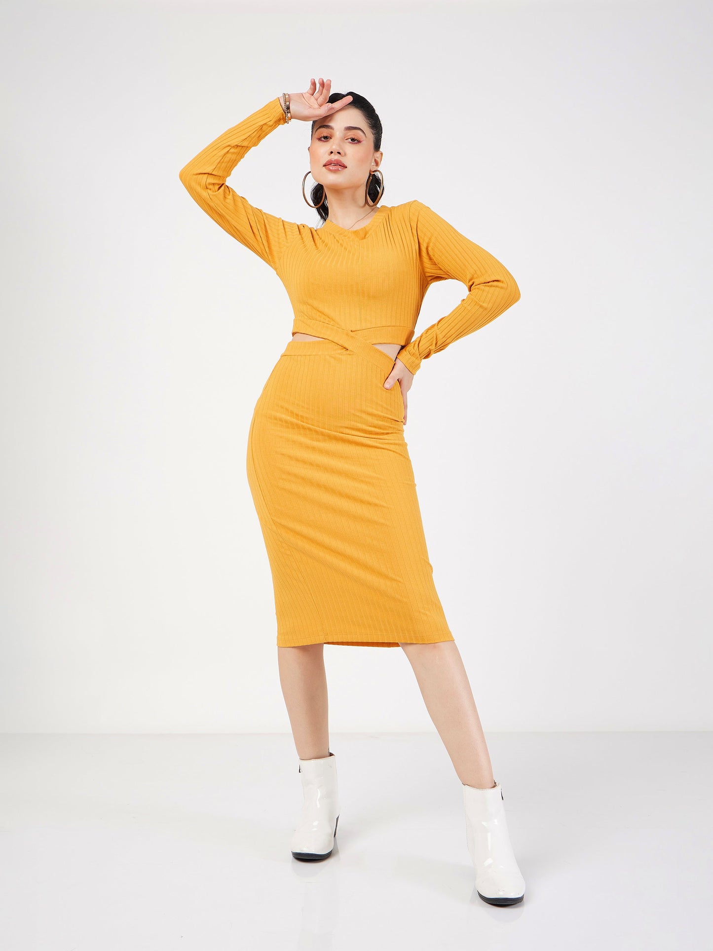 Yellow Rib Side Cut-Out Midi Dress