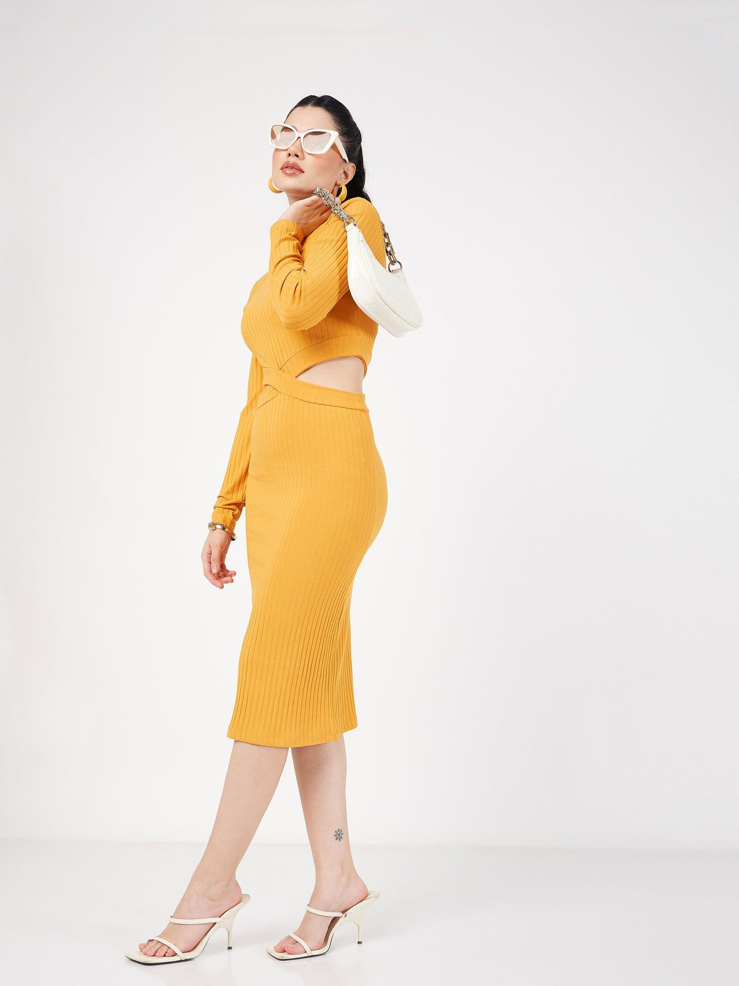 Yellow Rib Side Cut-Out Midi Dress