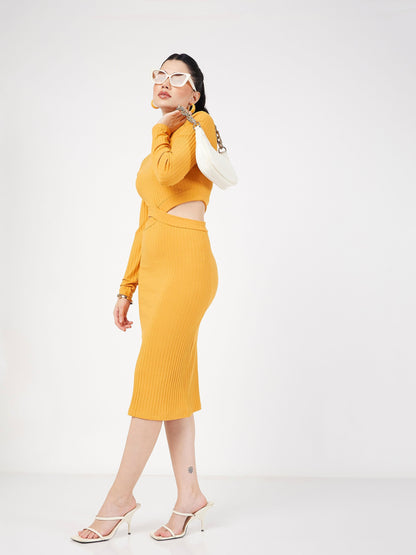 Yellow Rib Side Cut-Out Midi Dress