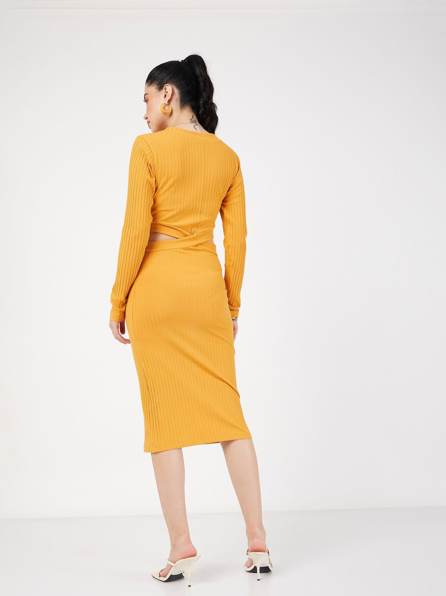 Yellow Rib Side Cut-Out Midi Dress