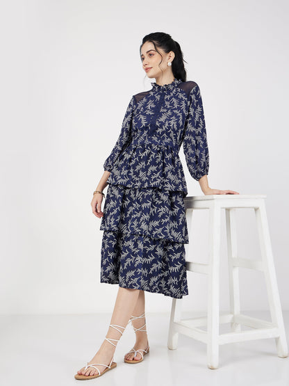 Blue Floral Tiered Midi Dress