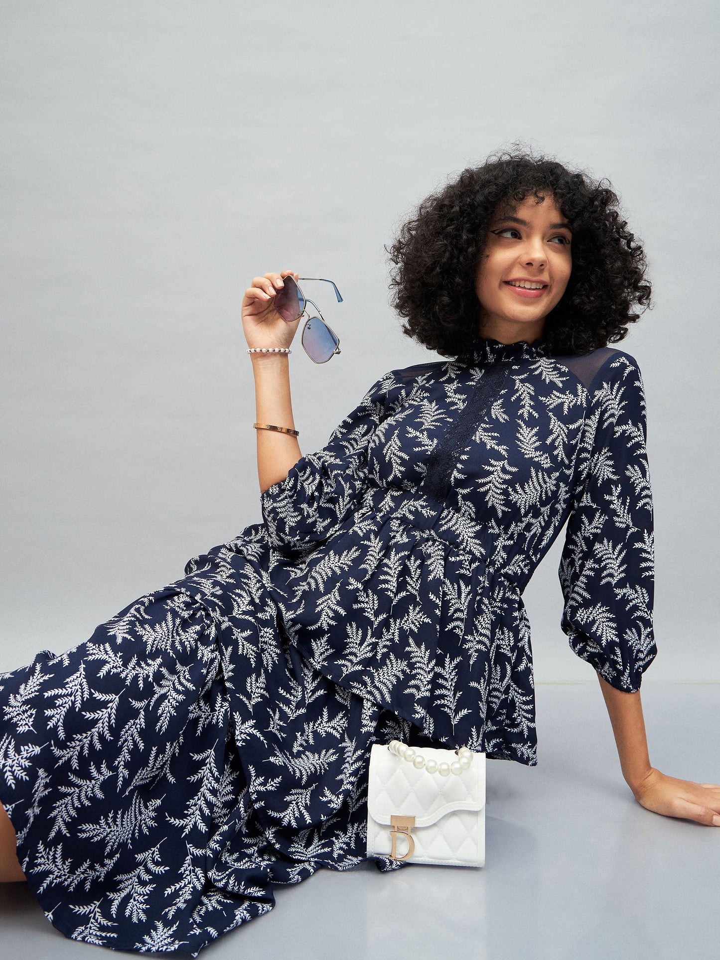 Blue Floral Tiered Midi Dress