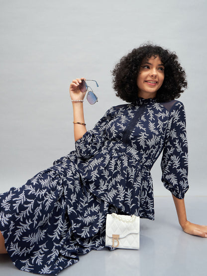Blue Floral Tiered Midi Dress