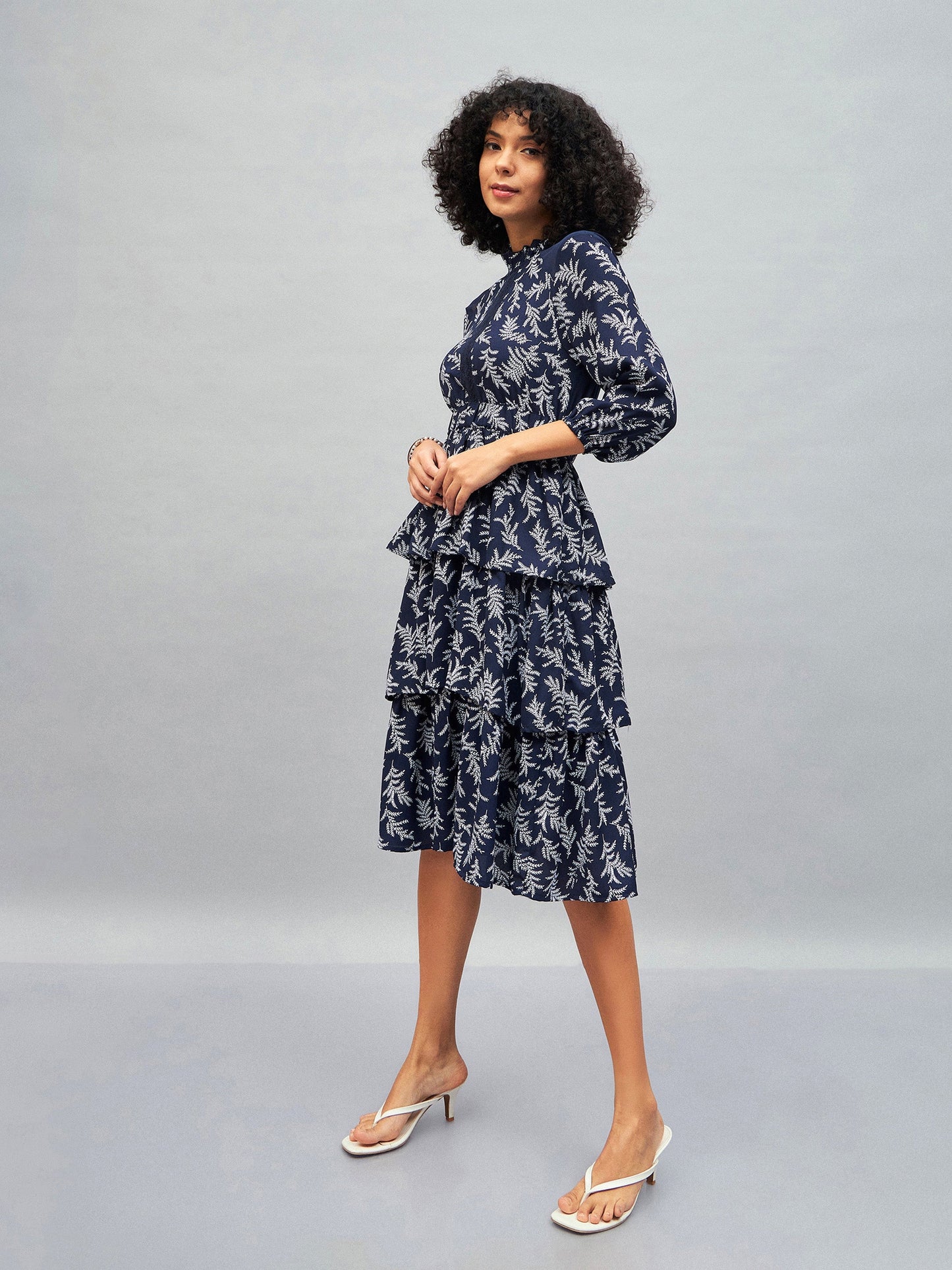 Blue Floral Tiered Midi Dress