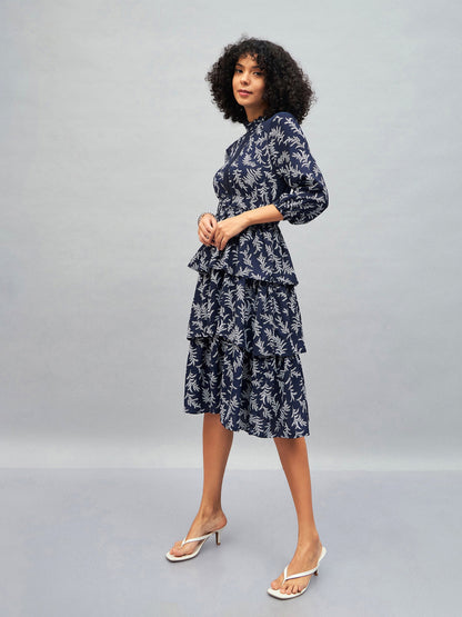 Blue Floral Tiered Midi Dress