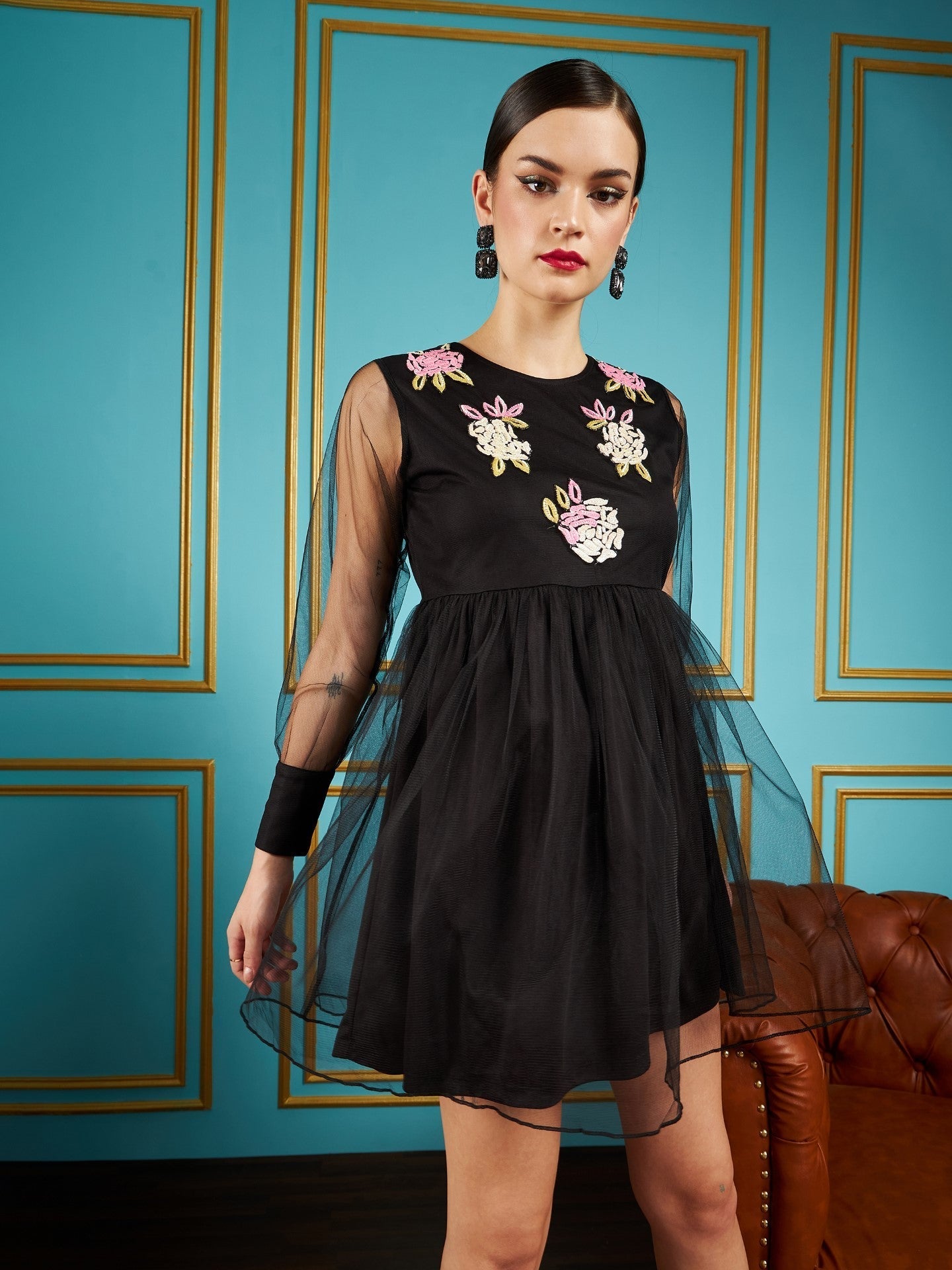 Black Front Embellished Mesh Skater Dress