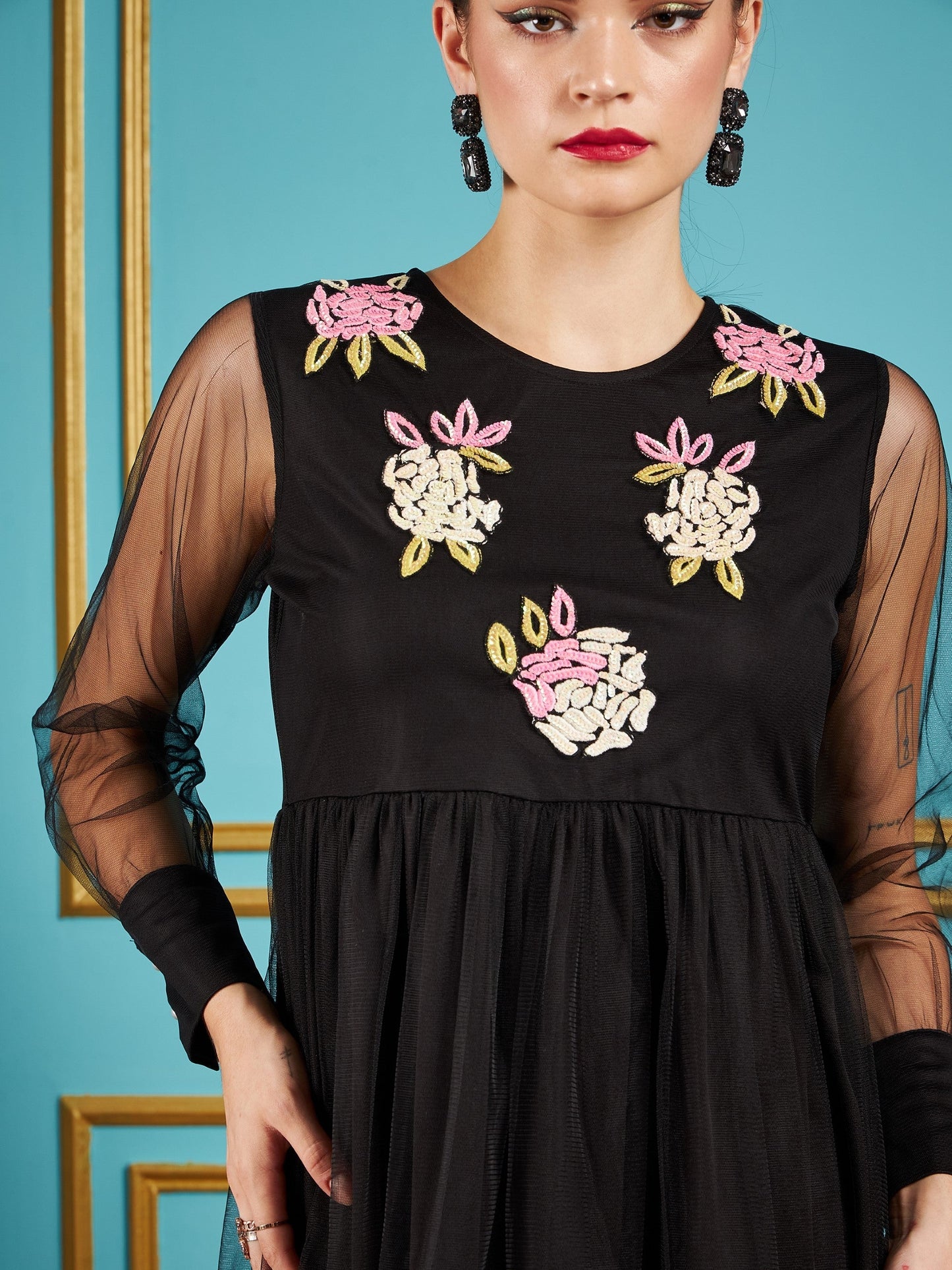 Black Front Embellished Mesh Skater Dress