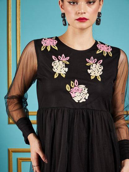 Black Front Embellished Mesh Skater Dress