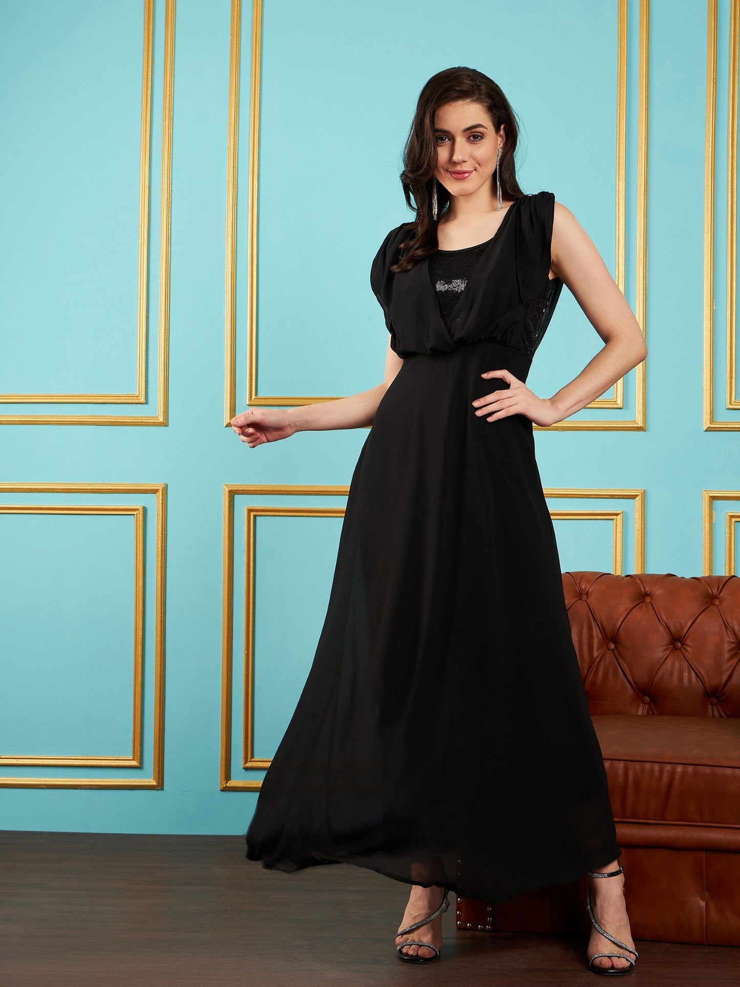Black Sequin Cowl Neck Flared Maxi Dress
