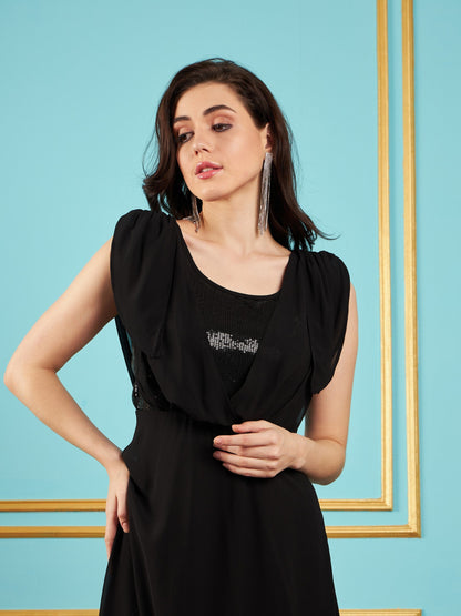 Black Sequin Cowl Neck Flared Maxi Dress