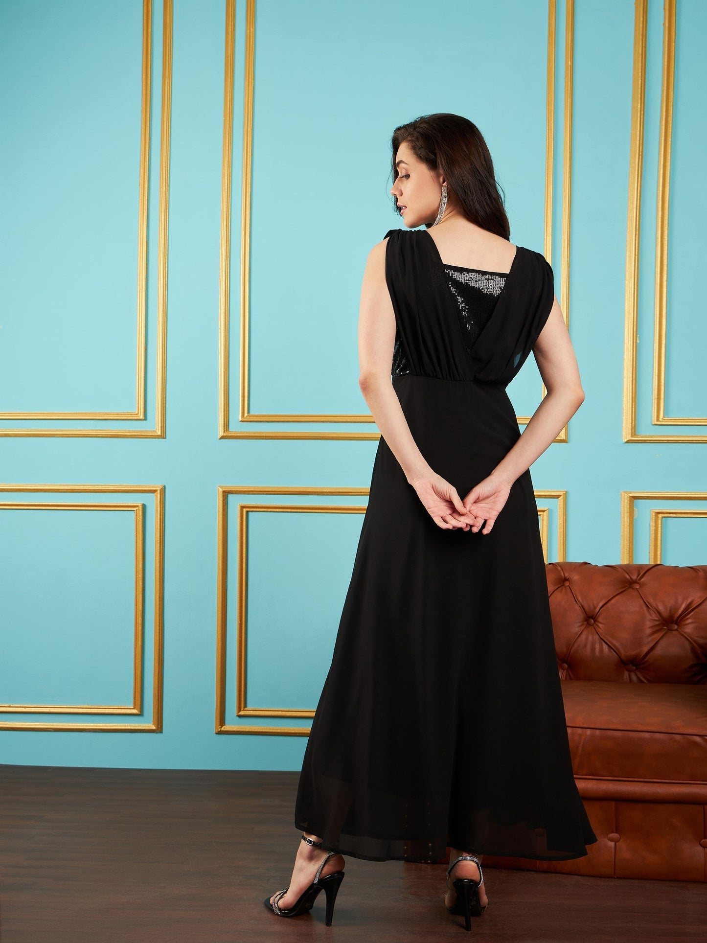 Black Sequin Cowl Neck Flared Maxi Dress