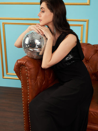 Black Sequin Cowl Neck Flared Maxi Dress