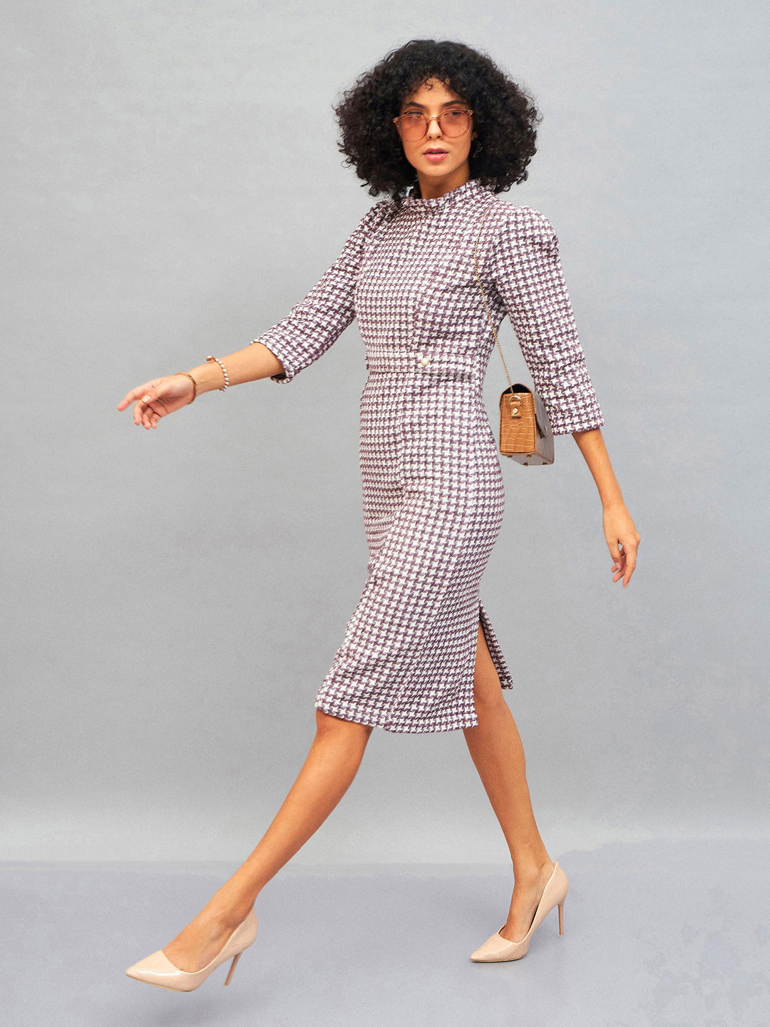 Burgundy Geo Jacquard Tweed Midi Dress