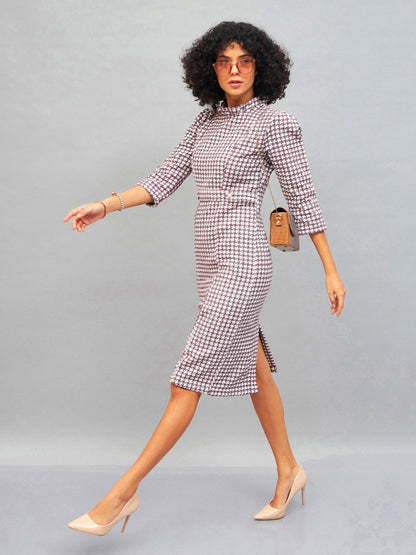 Burgundy Geo Jacquard Tweed Midi Dress