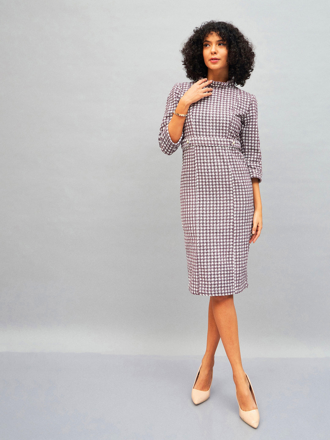 Burgundy Geo Jacquard Tweed Midi Dress