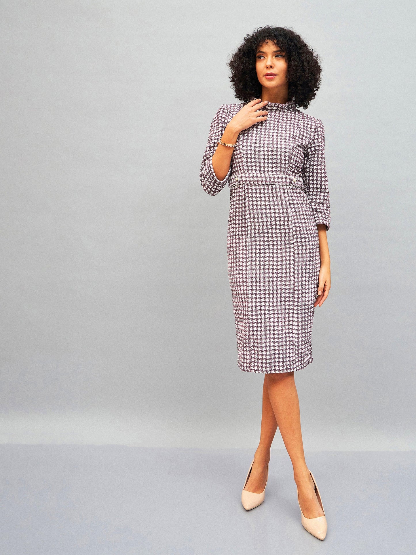Burgundy Geo Jacquard Tweed Midi Dress