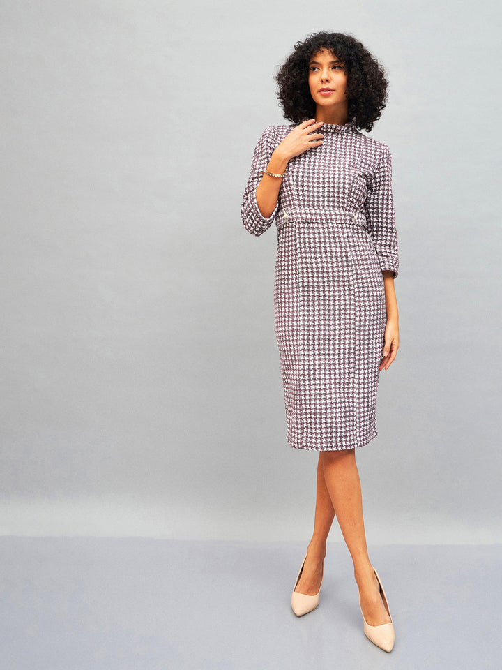 Burgundy Geo Jacquard Tweed Midi Dress