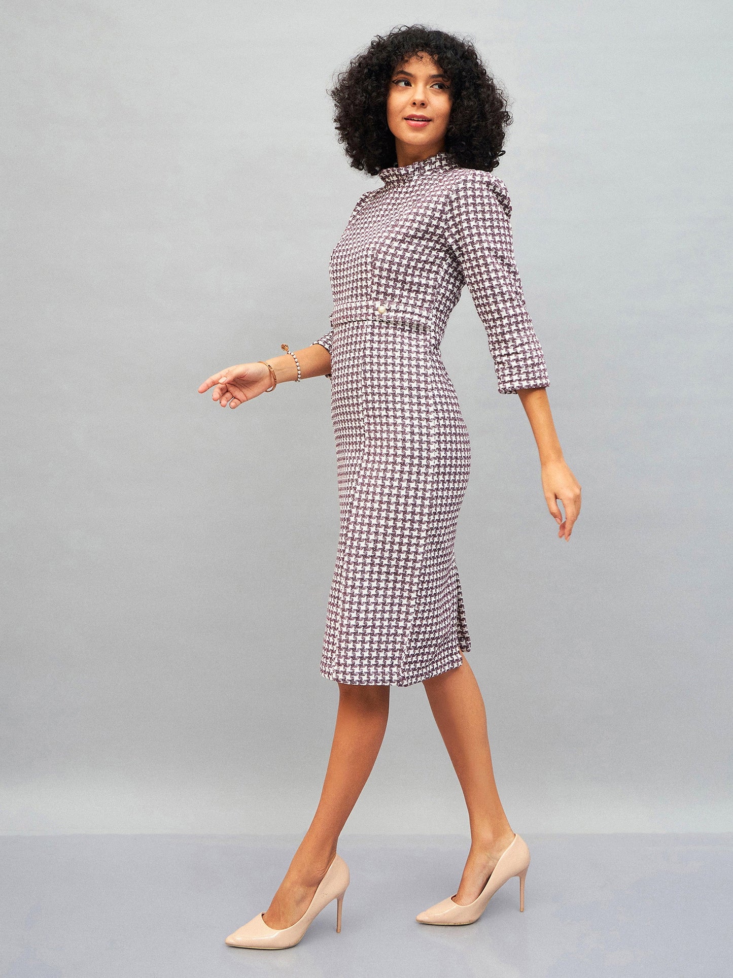 Burgundy Geo Jacquard Tweed Midi Dress