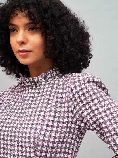 Burgundy Geo Jacquard Tweed Midi Dress