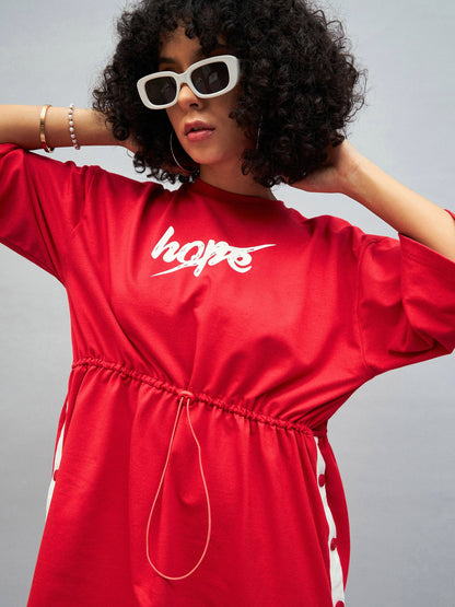 Women Red Knitted HOPE T-Shirt Dress