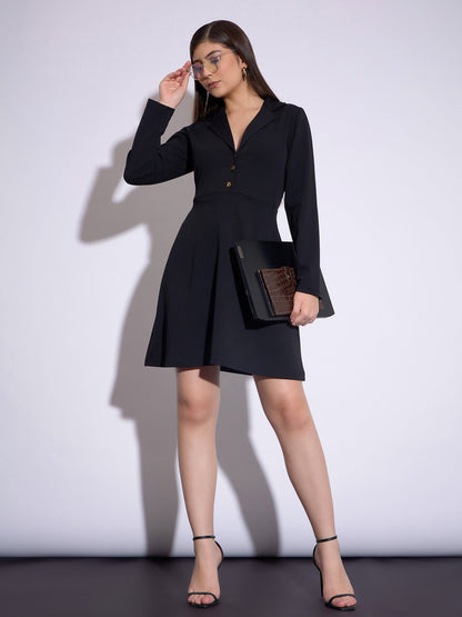 Black Notch Collar Full Sleeves Dress