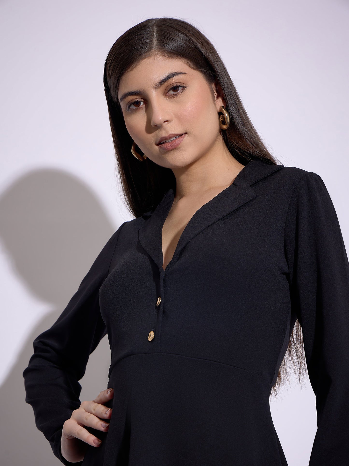 Black Notch Collar Full Sleeves Dress
