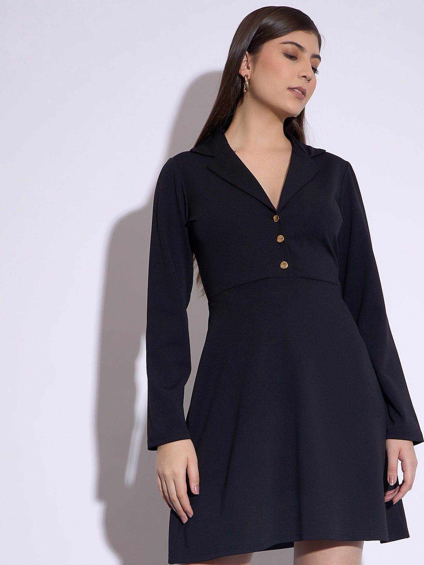 Black Notch Collar Full Sleeves Dress