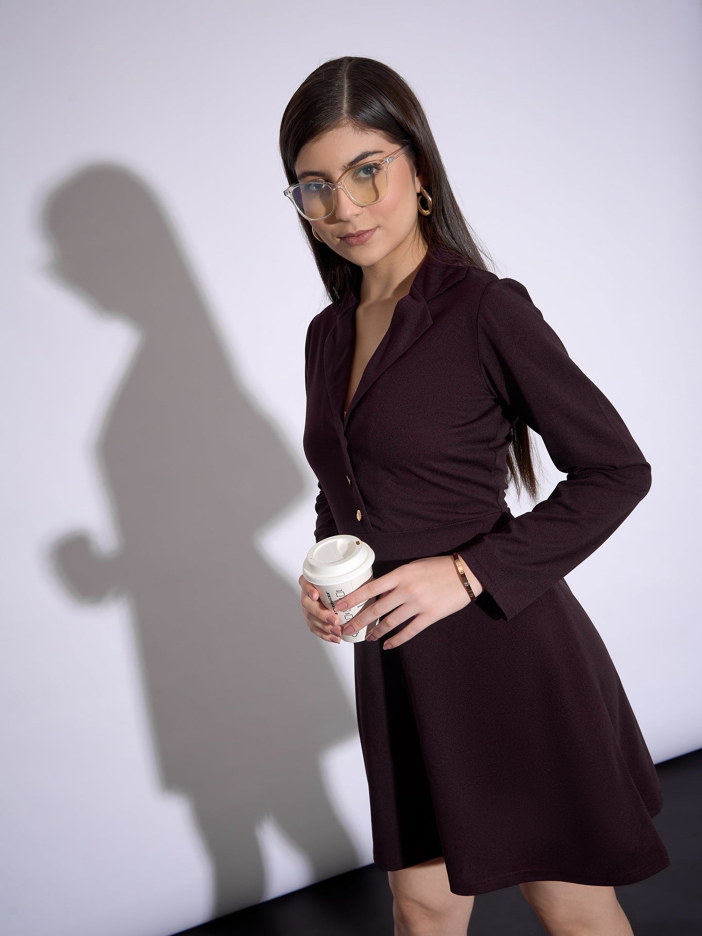 Burgundy Notch Collar Full Sleeves Dress