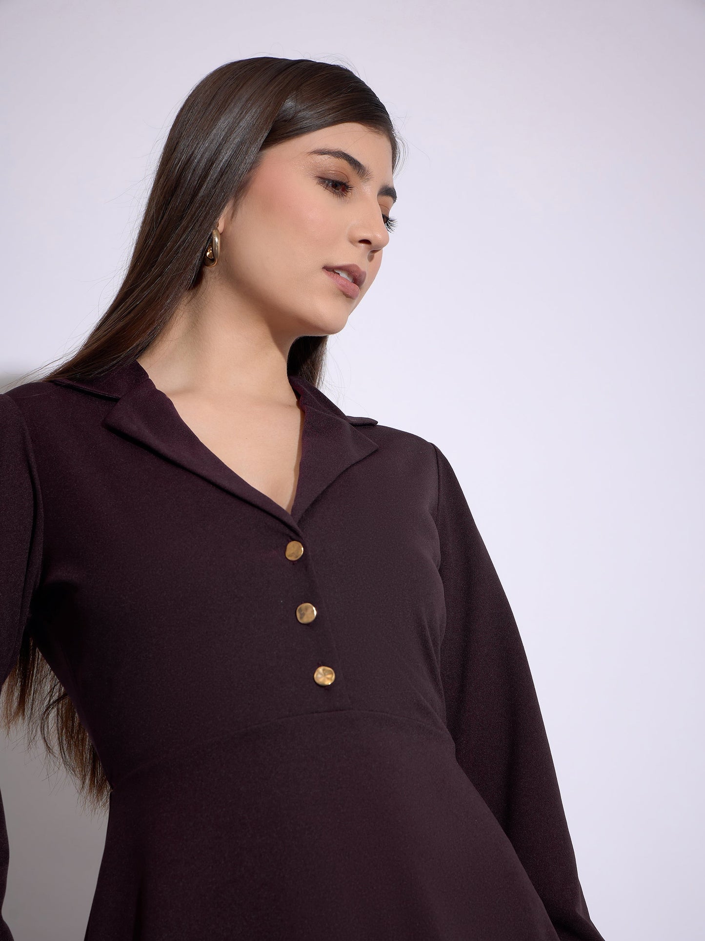 Burgundy Notch Collar Full Sleeves Dress