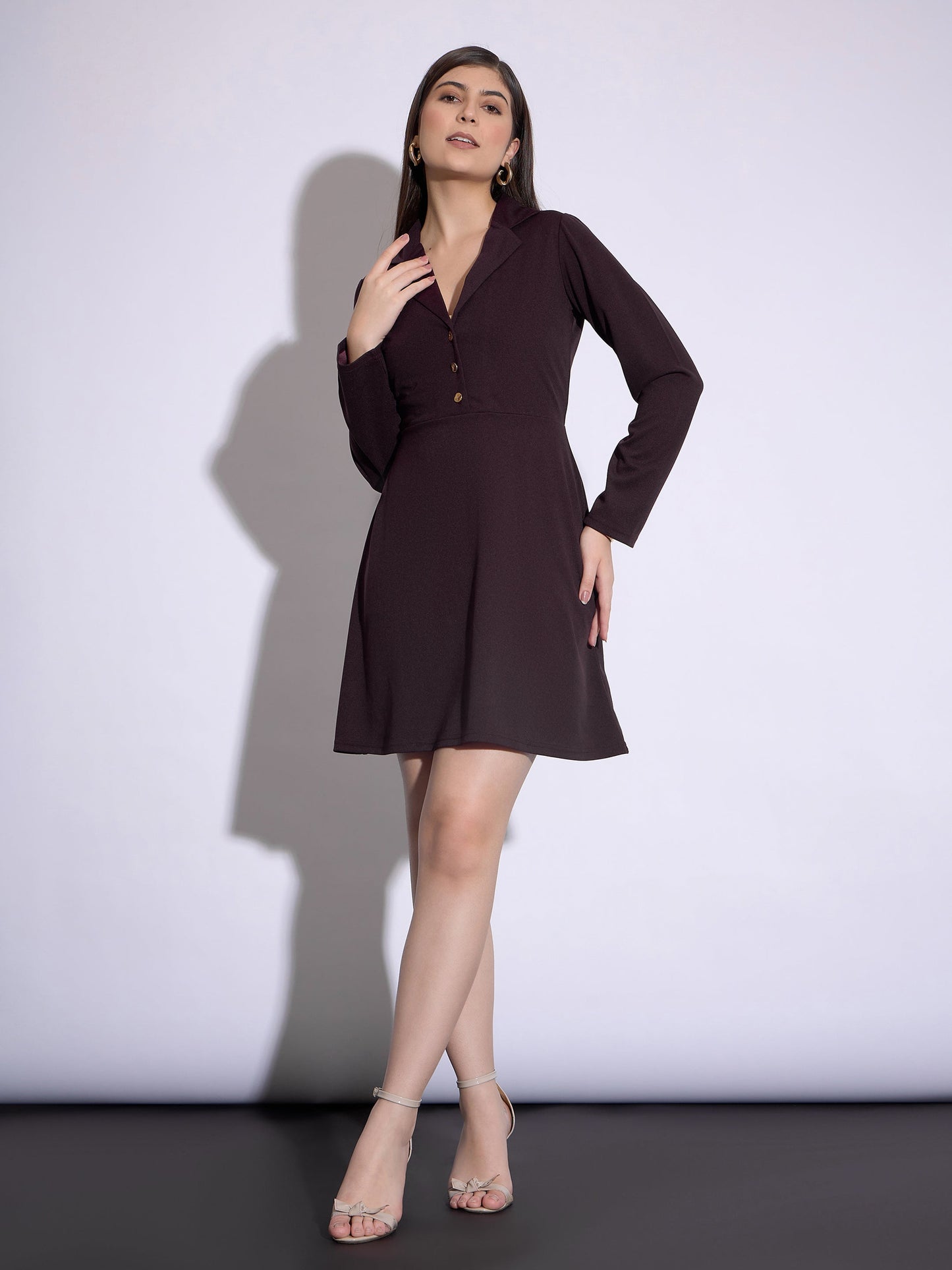 Burgundy Notch Collar Full Sleeves Dress
