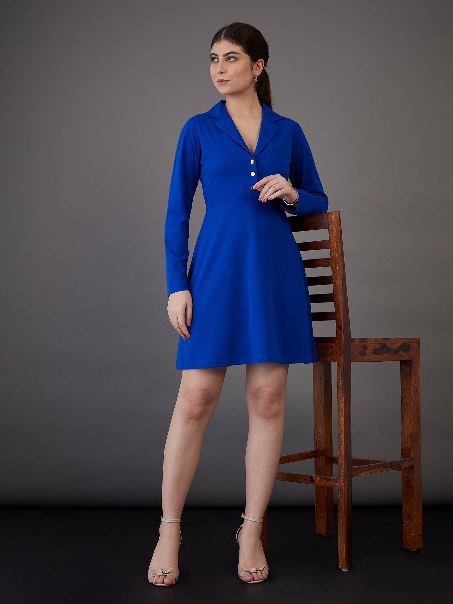 Royal Blue Notch Collar Full Sleeves Dress