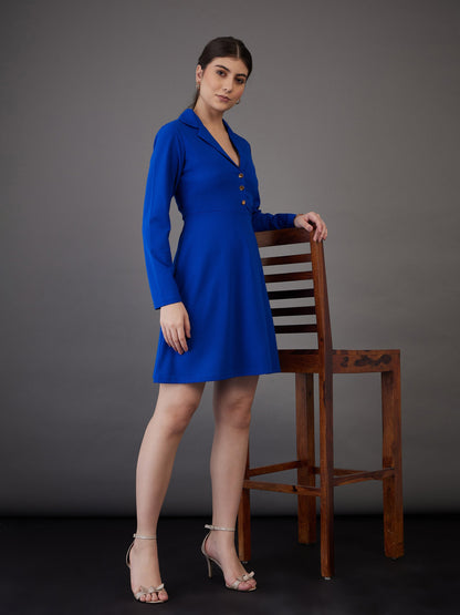 Royal Blue Notch Collar Full Sleeves Dress