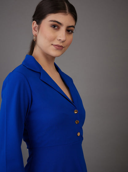 Royal Blue Notch Collar Full Sleeves Dress
