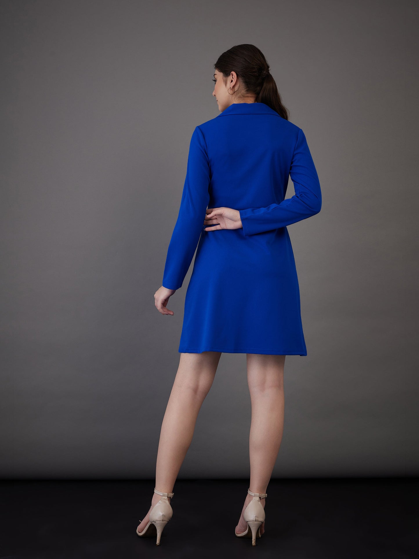 Royal Blue Notch Collar Full Sleeves Dress