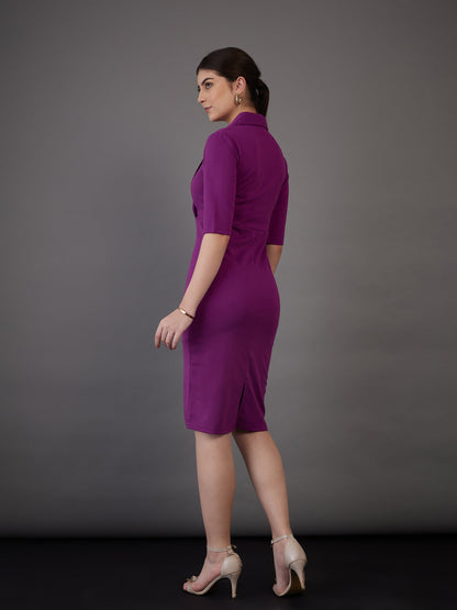 Purple Notch Collar Short Sleeve Midi Dress