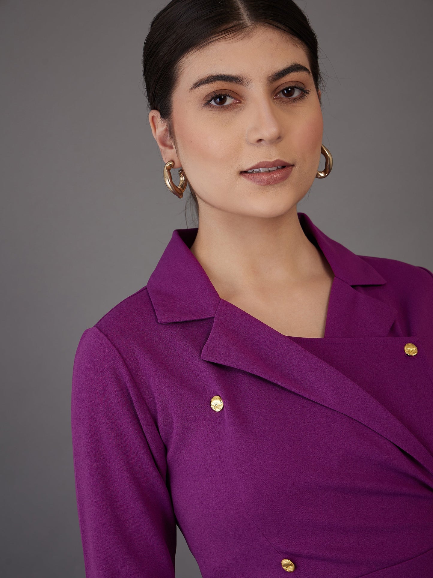 Purple Notch Collar Short Sleeve Midi Dress