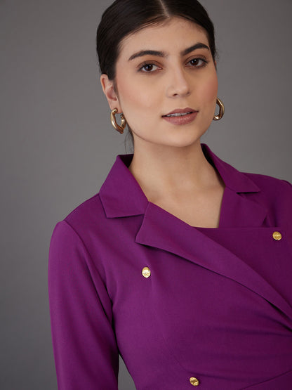 Purple Notch Collar Short Sleeve Midi Dress