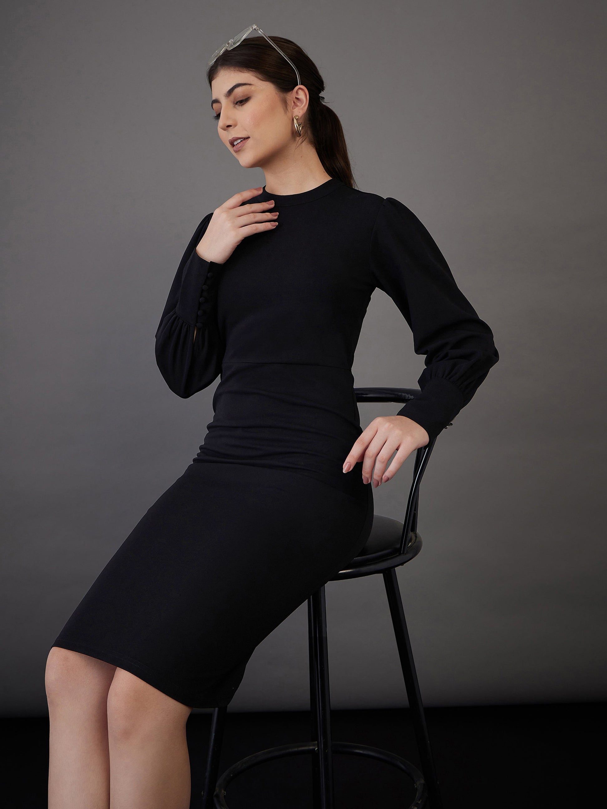 black bodycon puff sleeve dress Sheer Puff Sleeve Bodycon Slit Dress In BLACK