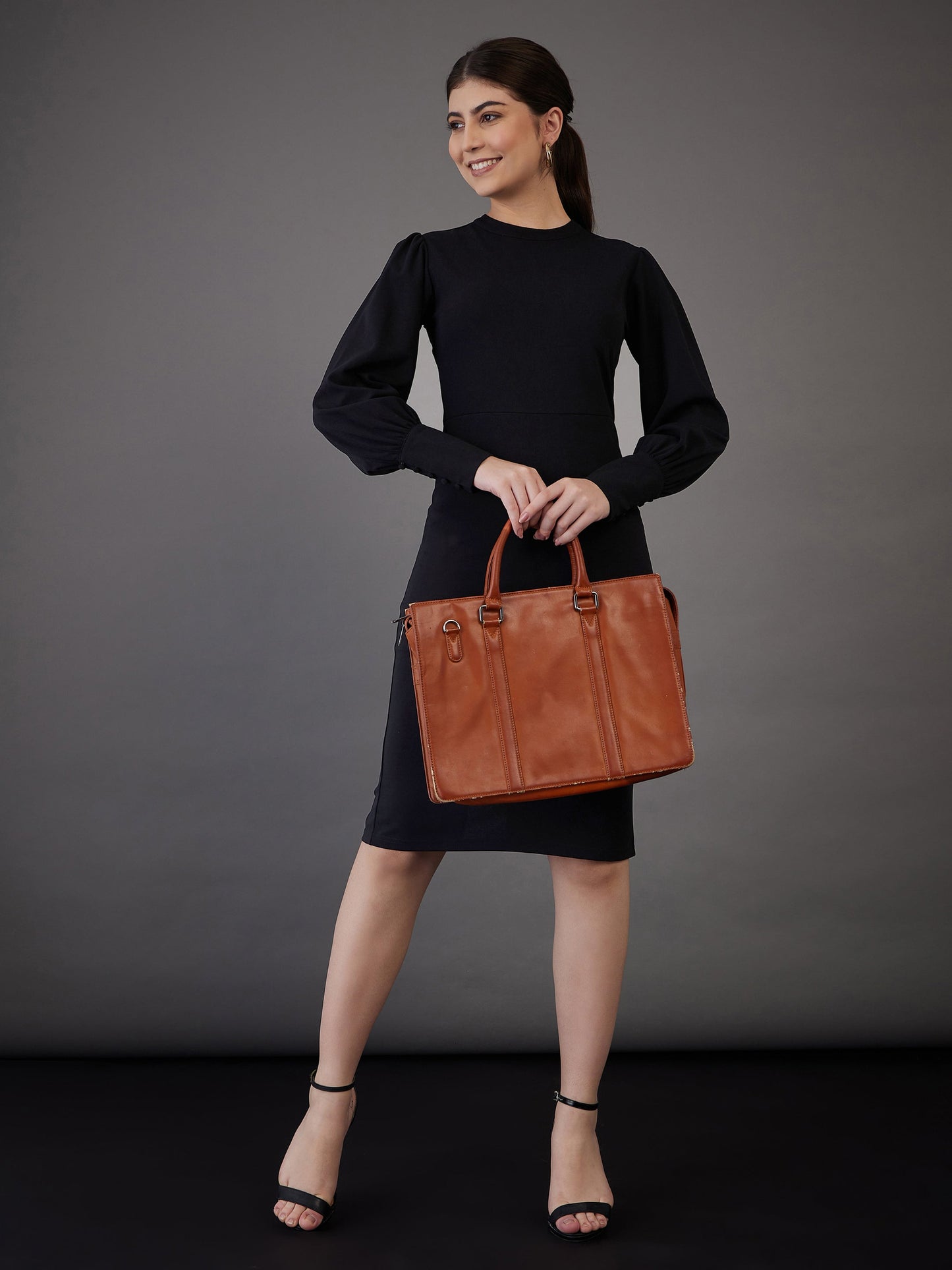 Women Black Puff Sleeves Bodycon Midi Dress